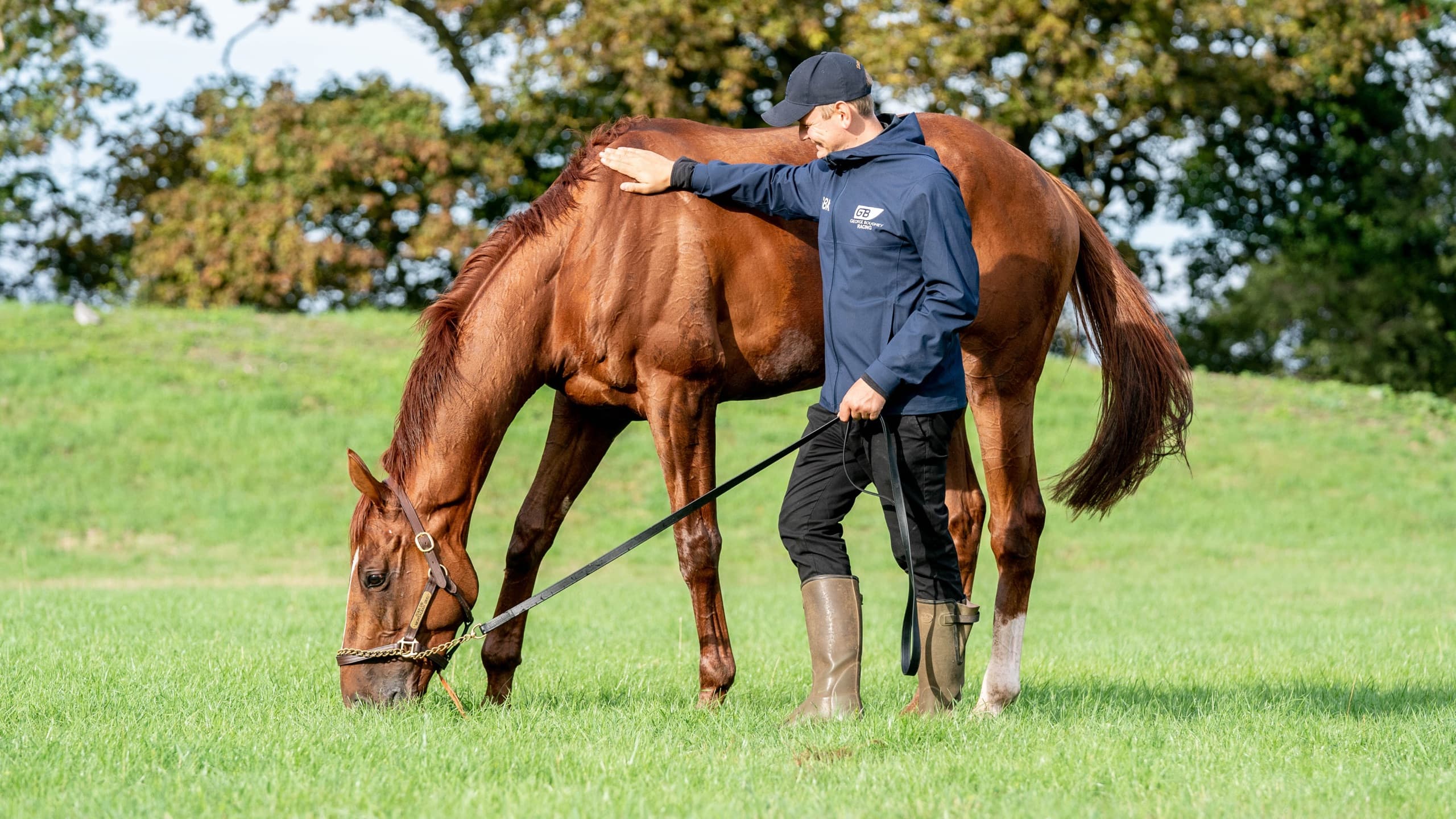 George Boughey with a chestnut horse grazing after exercise